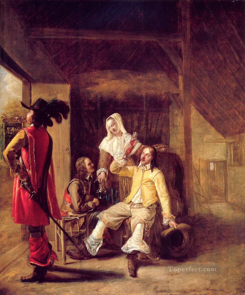 Two Soldiers and a Serving Woman with a Trumpeter genre Pieter de Hooch Oil Paintings